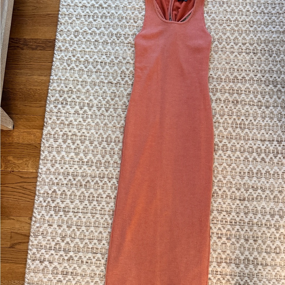 fab'rik Sleeveless Ribbed Maxi Dress in Terracotta